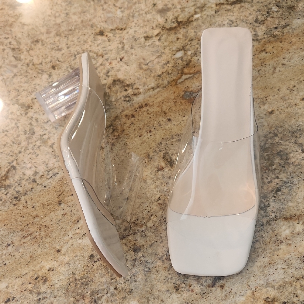 Clear Lucite Strap Block Heels.  New!!